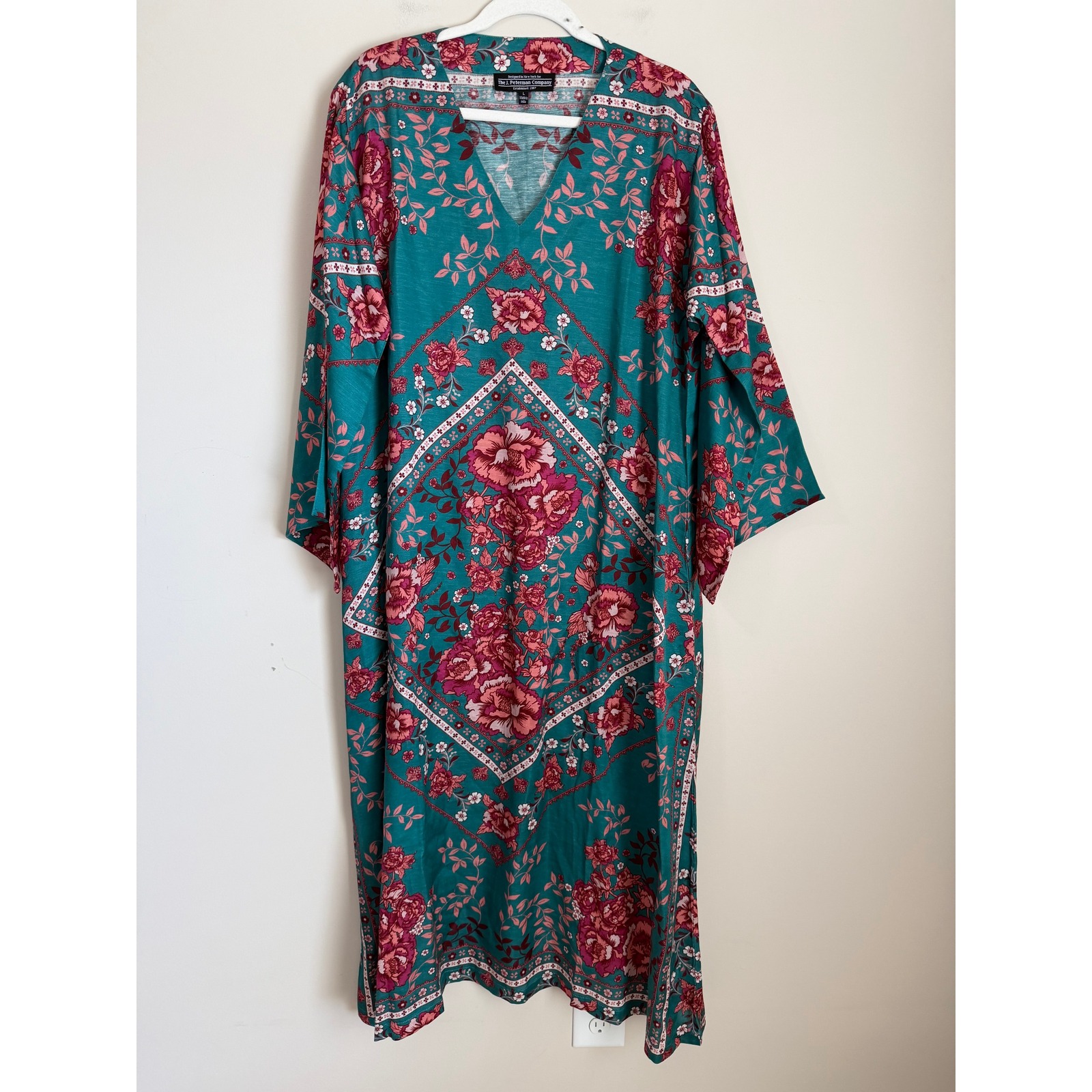 The J. Peterman Company Kaftan Dress Women L Boho Linen Floral Cap Sleeve — image 2 of 8
